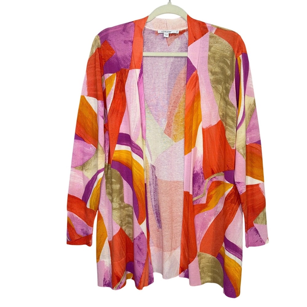 Chicos Abstract‎ Painterly Print Open Front Cardigan Sweater Multicolor Size 2 L
